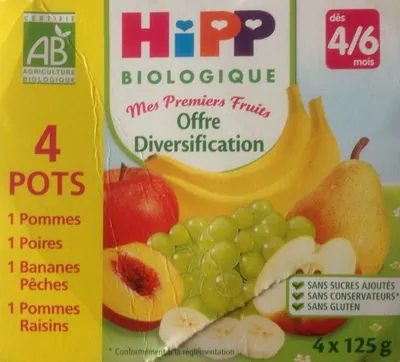 Hipp Mes Premiers Fruits Offre diversification (Bananes-Pêches, Pommes-Raisins, Pommes, Poires)